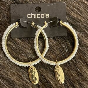 Chico's Gold and White Beaded Hoop Earrings
